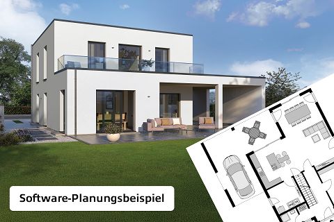 Fertighaus Stadtvilla zweigeschossig mit Flachdach, weißer Putzfassade, Balkon, Terrasse und Garten