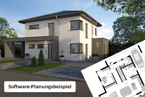 Fertighaus Stadtvilla zweigeschossig mit Walmdach, weißer Putzfassade, Carport und Einfahrt