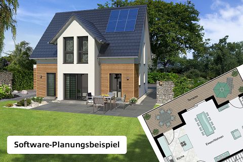 Fertighaus Einfamilienhaus zweigeschossig mit Satteldach, weißer Putz-Holzfassade, Terrasse und Garten