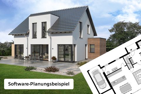 Fertighaus Einfamilienhaus zweigeschossig mit Satteldach, weißer Putz-Holzfassade, Terrasse und Garten