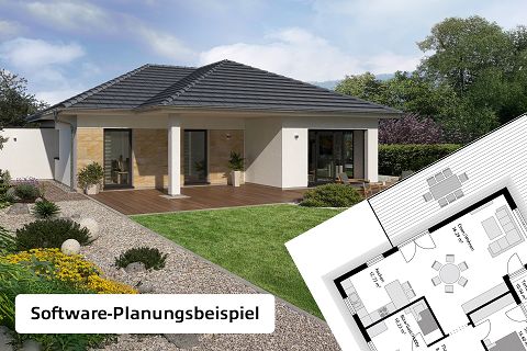 Fertighaus Bungalow eingeschossig mit Walmdach, weißer Putzfassade, Terrasse und Garten