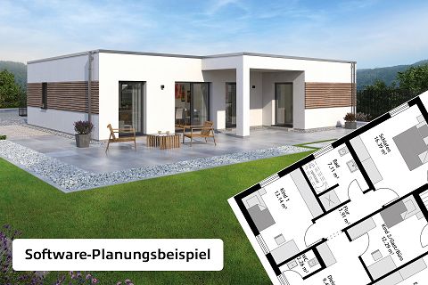 Fertighaus Bungalow eingeschossig mit Flachdach, weißer Putzfassade, Terrasse und Garten