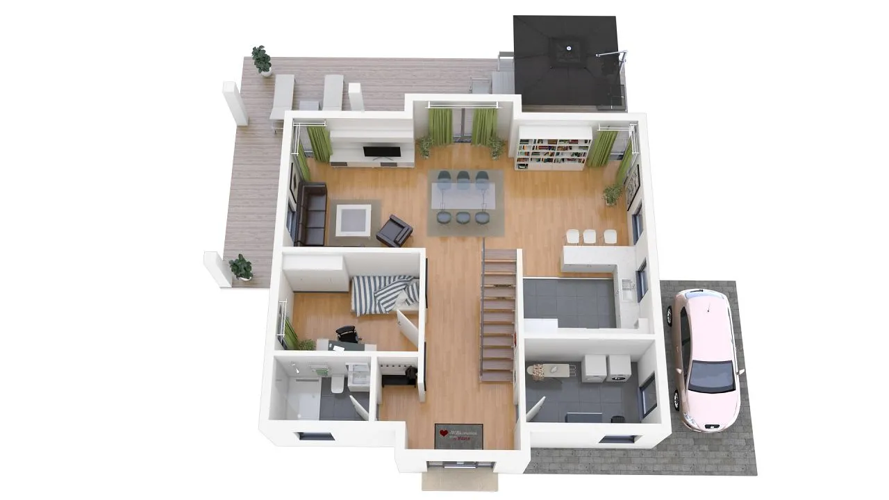 Grundriss 3D Erdgeschoss - Einfamilienhaus mit Flachdach Erker