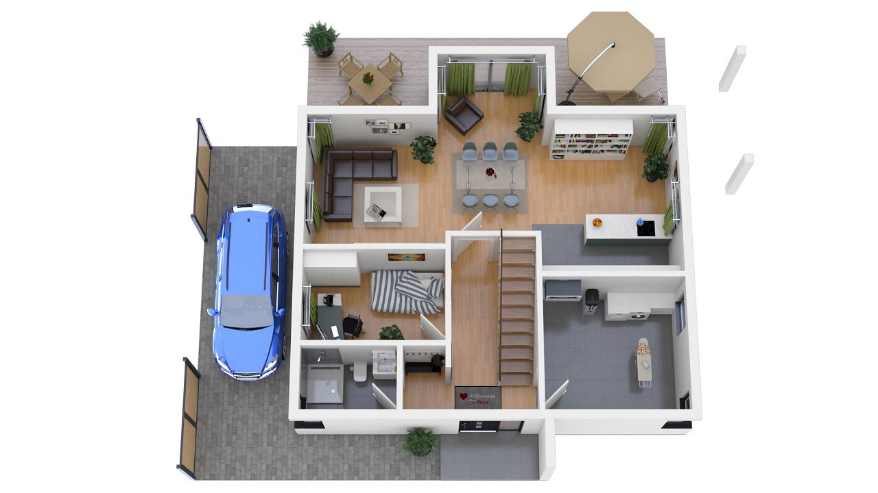 Grundriss Erdgeschoss - Flachdachvilla als Fertighaus mit Carport und Erker