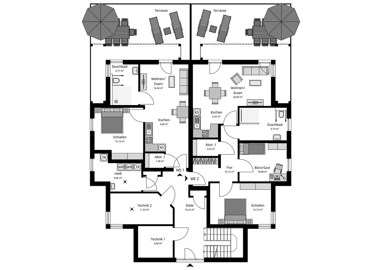 Grundriss Erdgeschoss - Mehrfamilienhaus 1 mit 4 Wohneinheiten 