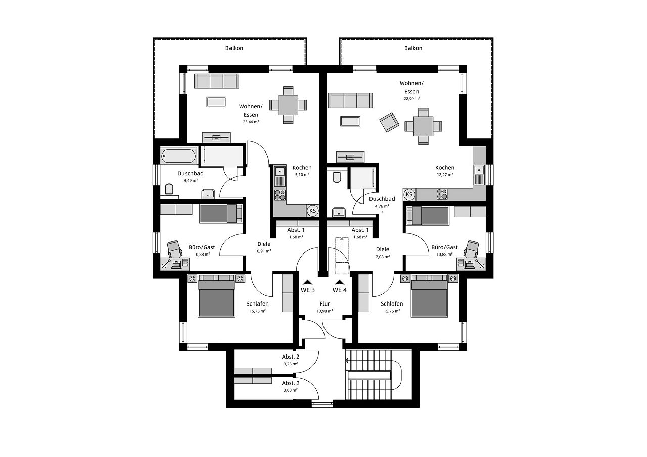 Grundriss Obergeschoss - Mehrfamilienhaus 1 mit 4 Wohneinheiten 