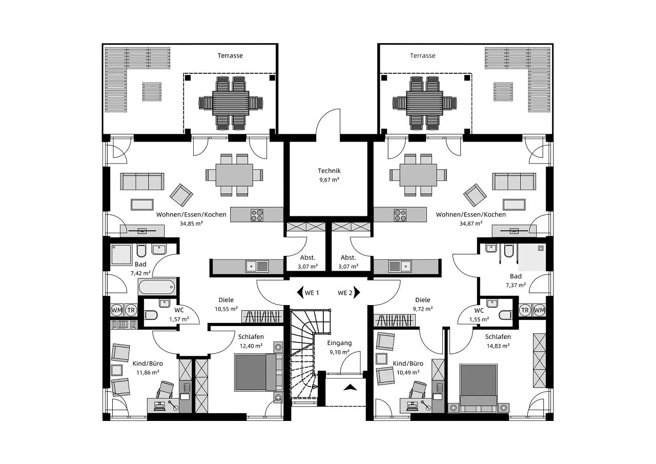 Grundriss Erdgeschoss - Mehrfamilienhaus 2 mit 4 Wohneinheiten