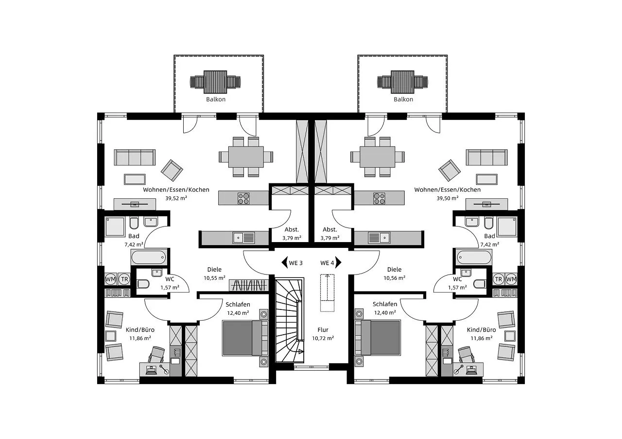 Grundriss Obergeschoss - Mehrfamilienhaus 2 mit 4 Wohneinheiten