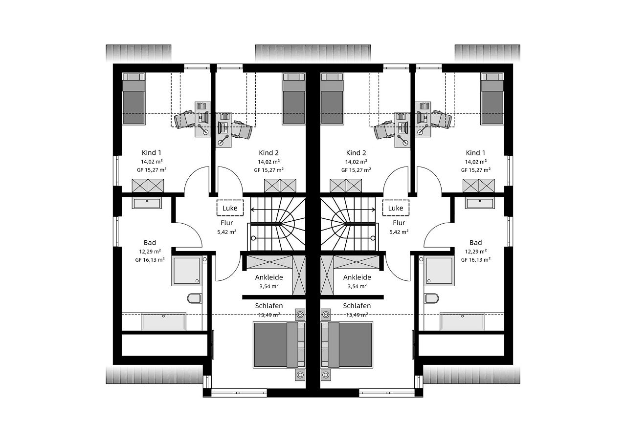 Grundriss Dachgeschoss - Modernes Doppelhaus mit Erker und Zwerchgiebel