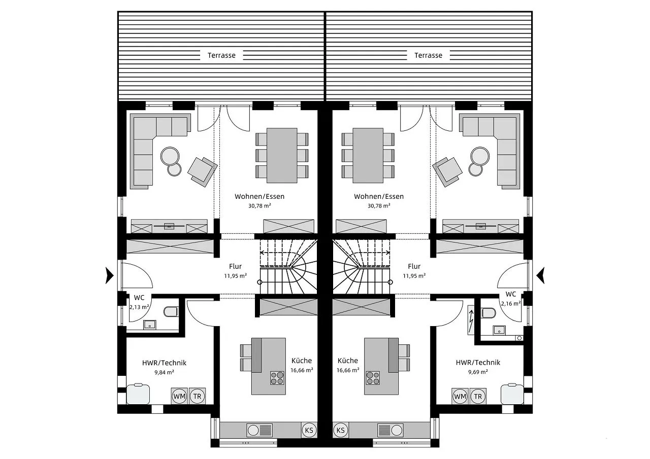 Grundriss Erdgeschoss - Modernes Doppelhaus mit Erker und Zwerchgiebel