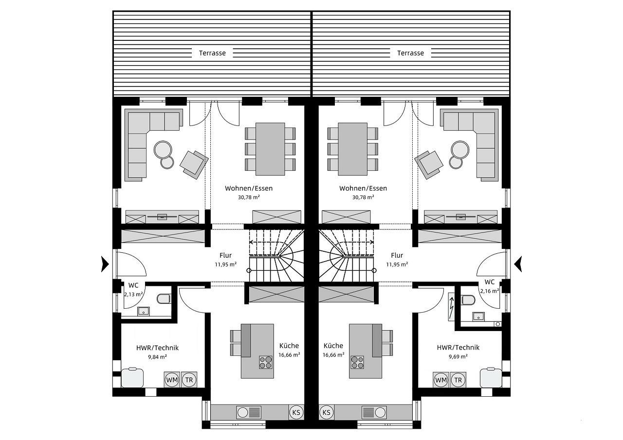 Grundriss Erdgeschoss - Modernes Doppelhaus mit Erker und Zwerchgiebel