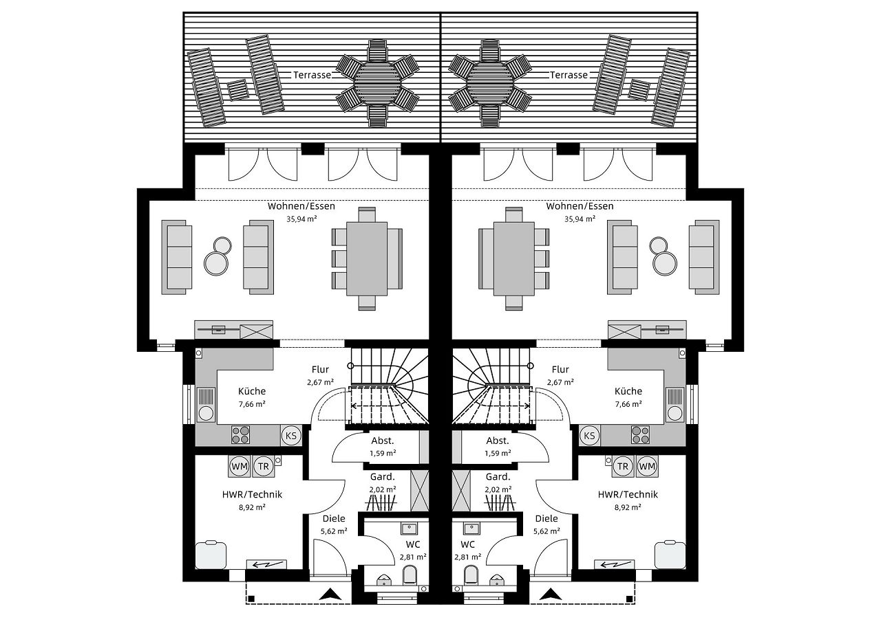 Grundriss Erdgeschoss - modernes Doppelhaus mit Gebäudeversatz 