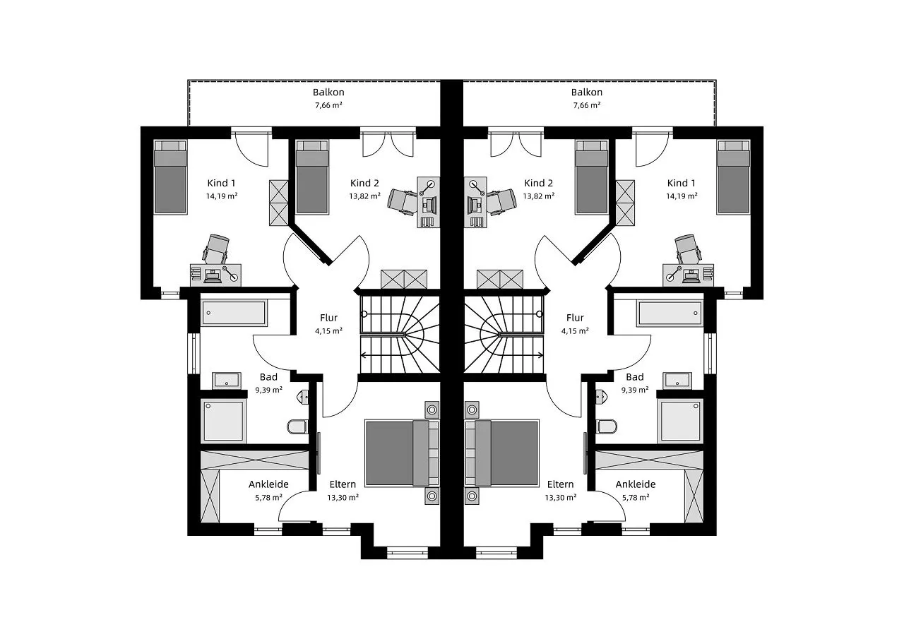 Grundriss Obergeschoss - modernes Doppelhaus mit Gebäudeversatz 
