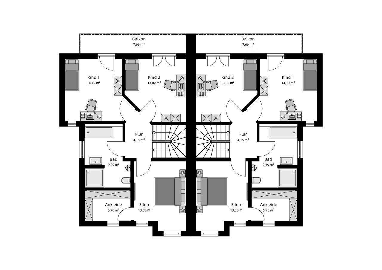 Grundriss Obergeschoss - modernes Doppelhaus mit Gebäudeversatz 