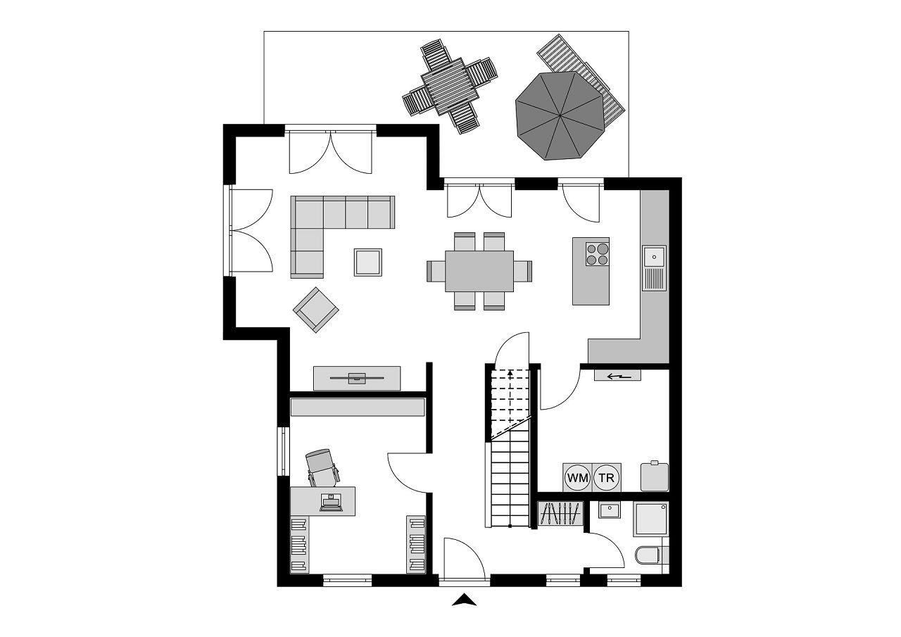 Grundriss Erdgeschoss Stadtvilla mit Walmdach und Übereck-Erker