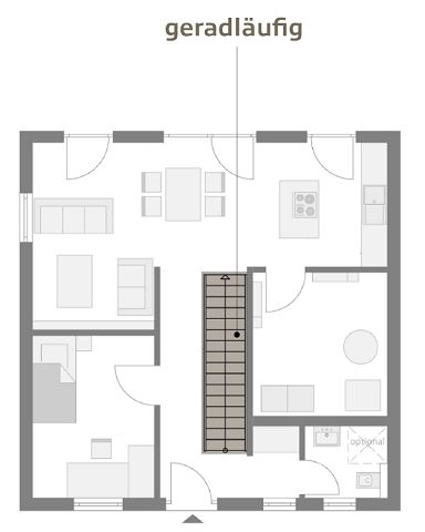 STREIF Grundriss Erdgeschoss mit geradläufiger Treppe, Wohnbereich, Küche, Schlafzimmer und Bad