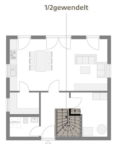 STREIF Grundriss Erdgeschoss mit halbgewendelter Treppe, Wohnbereich, Küche, Schlafzimmer und Bad