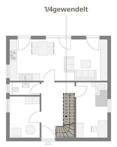 STREIF Grundriss Erdgeschoss mit viertelgewendelter Treppe, Wohnbereich, Küche, Schlafzimmer und Bad