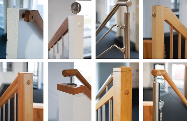STREIF Treppendetail Geländeranschlüsse aus Holz und Metall mit verschiedenen Handlauf- und Pfostenvarianten