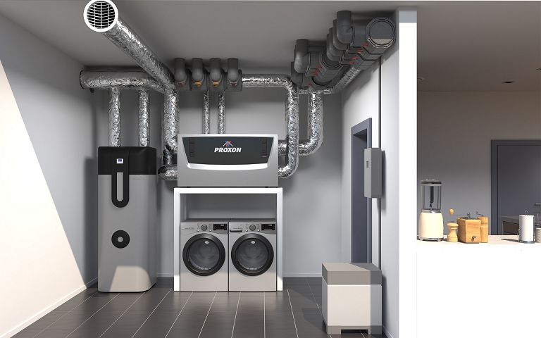 STREIF Innenraum Haustechnikraum mit Lüftungsanlage und Rohrsystem, Waschmaschinen unter Technikmodul in modernem Technikbereich