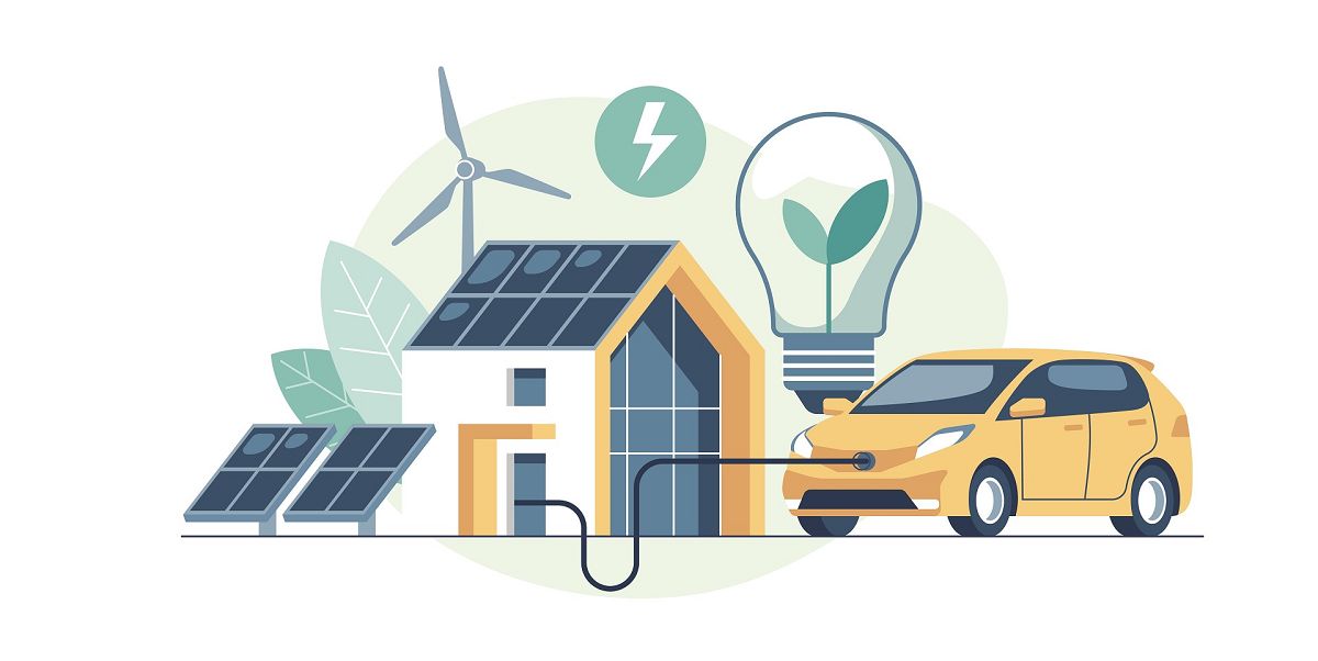 Illustration mit Photovoltaik, Windenergie und Elektroauto, Darstellung nachhaltiger Energieversorgung