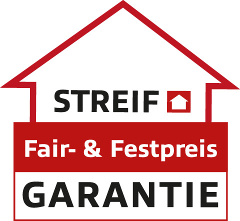 STREIF Logo Fair- und Festpreis Garantie in Hausform mit roter und schwarzer Typografie