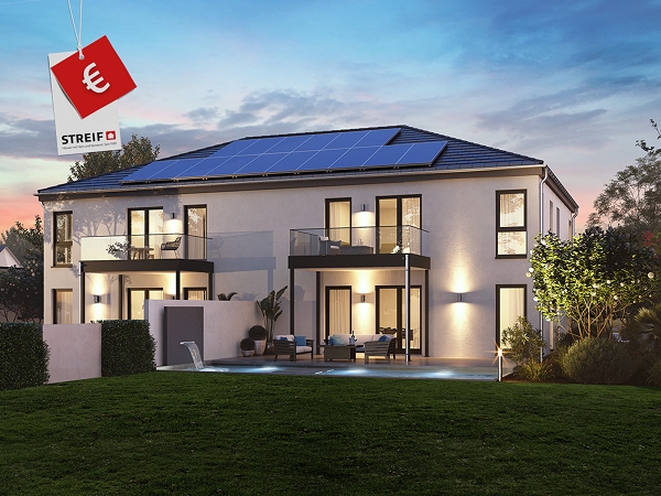 Fertighaus Mehrfamilienhaus zweigeschossig mit Walmdach, heller Putzfassade, Balkonen, Terrasse und Garten