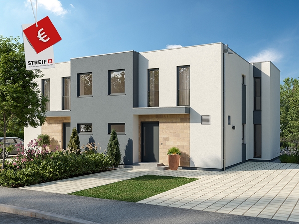 Fertighaus Doppelhaus zweigeschossig mit Flachdach, weiß-grauer Putzfassade, schmalen Fenstern, Einfahrt