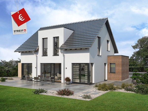 Fertighaus Einfamilienhaus zweigeschossig mit Satteldach, weißer Putzfassade, großen Fenstern, Terrasse und Garten
