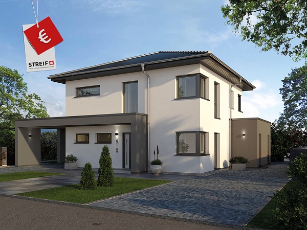 Fertighaus Stadtvilla zweigeschossig mit Walmdach, weißer Putzfassade, Carport, Fenstern und Einfahrt