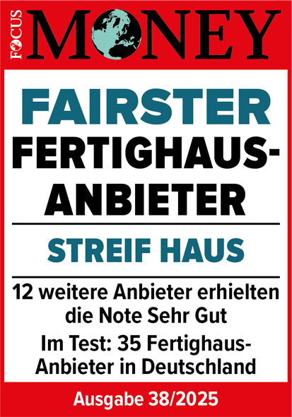 STREIF Auszeichnung Focus Money fairster Fertighausanbieter 2025 Siegelgrafik mit Testergebnis