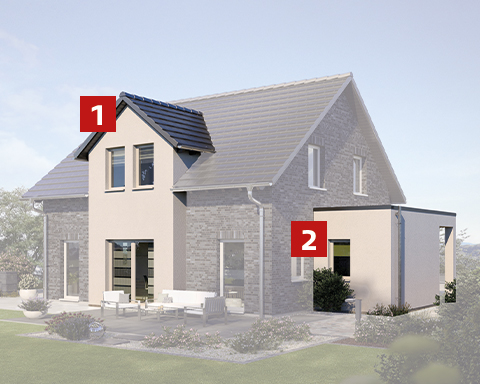 Fertighaus Einfamilienhaus mit Dachgaube und seitlichem Anbau, markierte Erweiterungsmodule in Gartenansicht