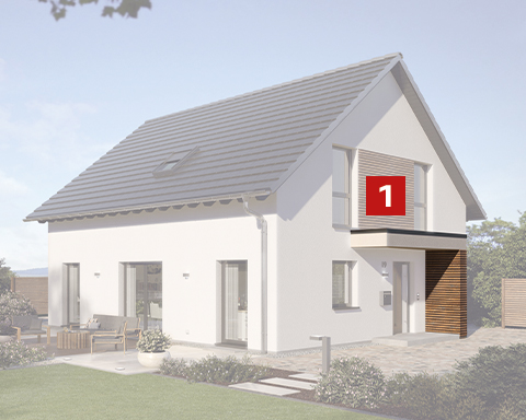 Fertighaus Einfamilienhaus mit Eingangsüberdachung und markiertem Erweiterungsmodul in Frontansicht