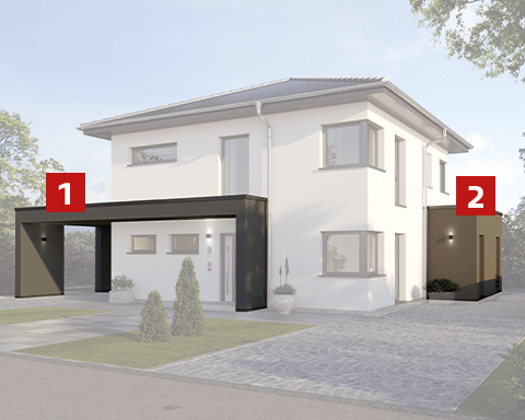 Fertighaus Einfamilienhaus mit Flachdach-Anbauten und markierten Erweiterungsmodulen in Frontansicht