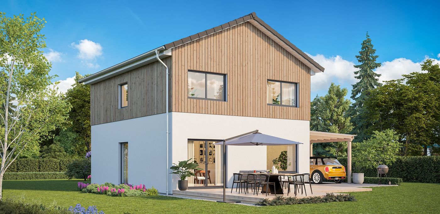 Fertighaus Stadtvilla zweigeschossig mit Satteldach, weißer Putz-Holzfassade, Terrasse, Carport und Garten
