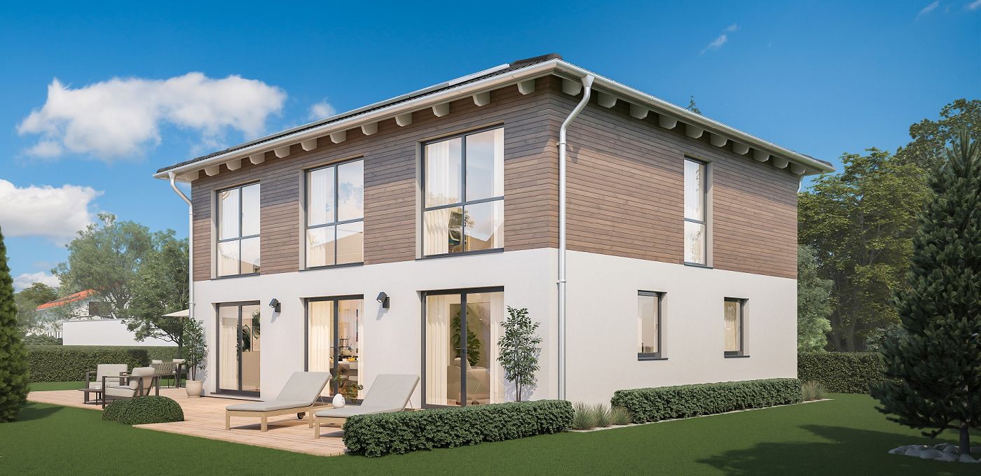 Fertighaus Stadtvilla zweigeschossig mit Satteldach, weißer Putz-Holzfassade, Terrasse und Garten