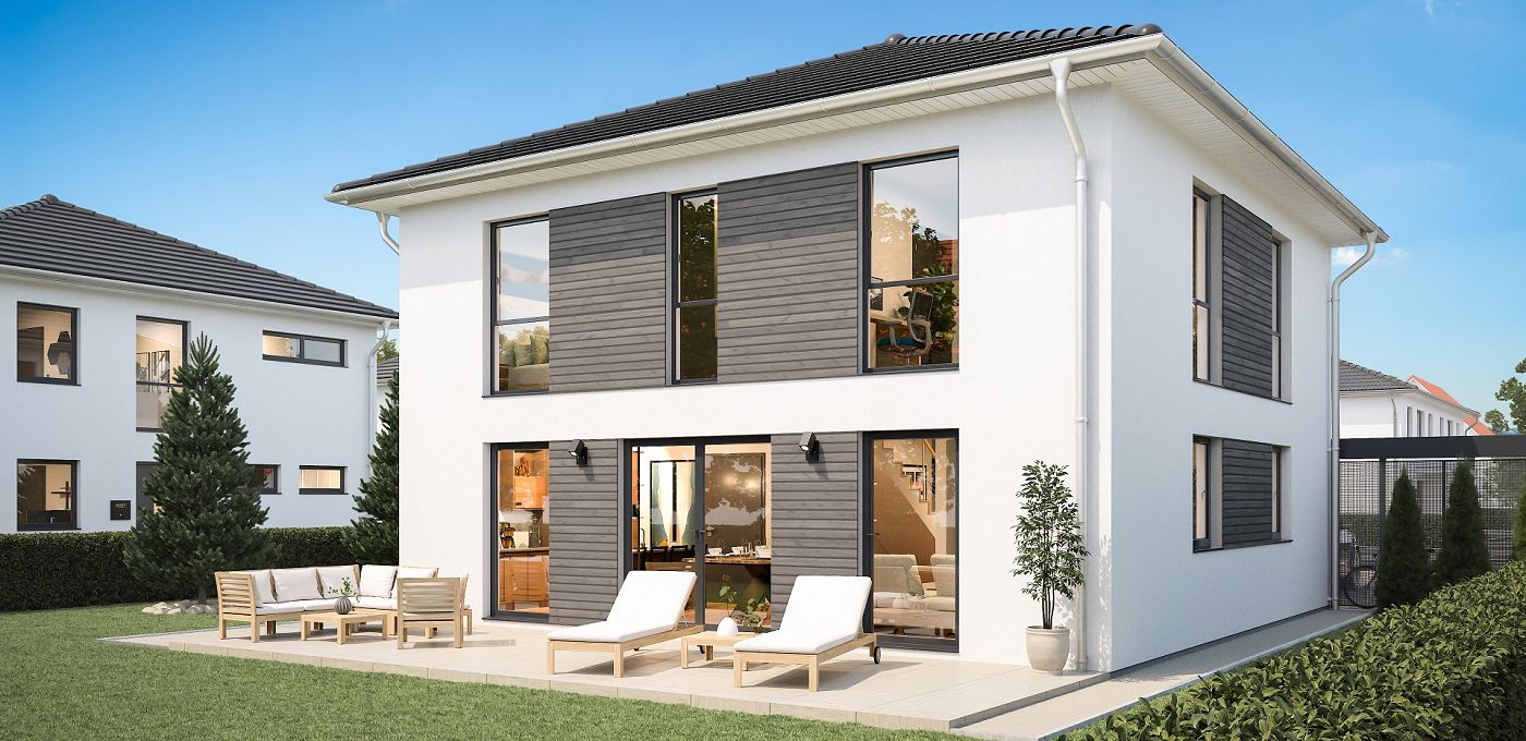 Fertighaus Stadtvilla zweigeschossig mit Walmdach, weißer Putzfassade, Holzakzenten, Terrasse und Garten