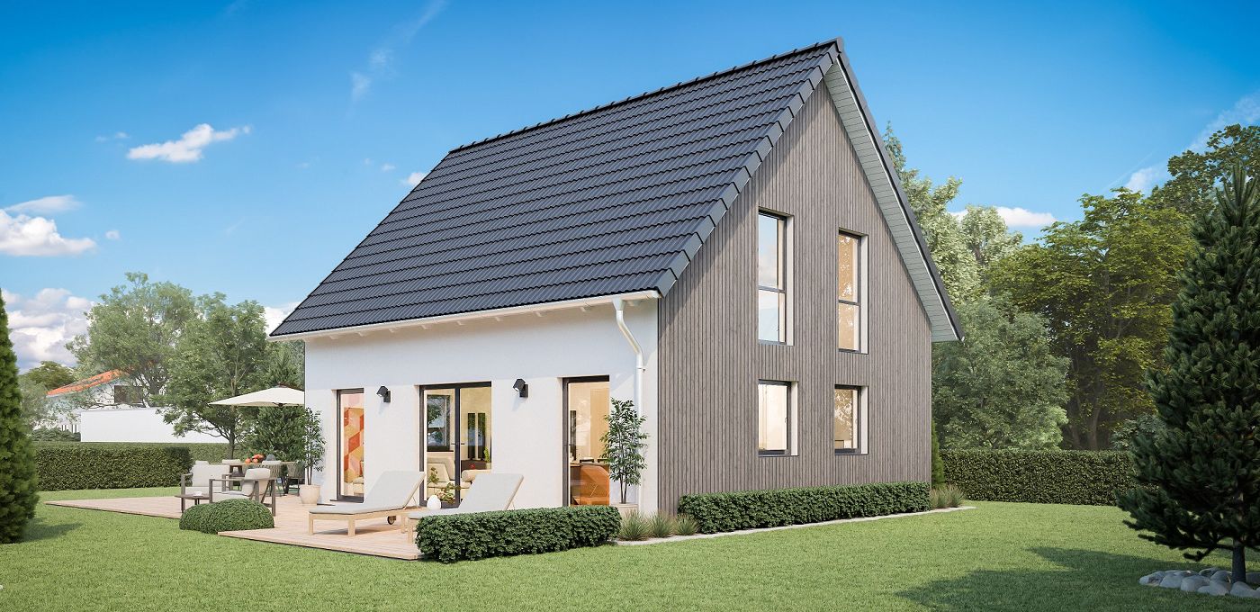 Fertighaus Einfamilienhaus zweigeschossig mit Satteldach, weißer Putz-Holzfassade, Terrasse und Garten