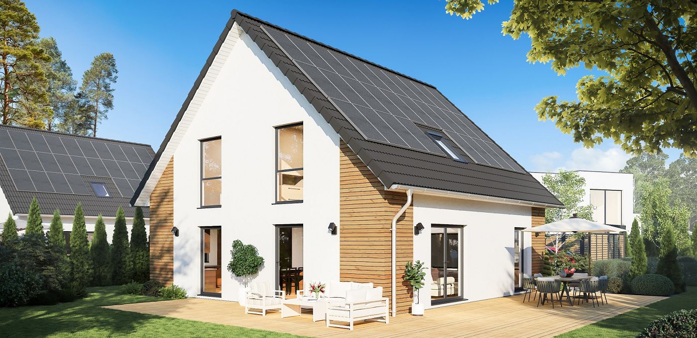 Fertighaus Einfamilienhaus zweigeschossig mit Satteldach, weißer Putz-Holzfassade, Terrasse und Garten