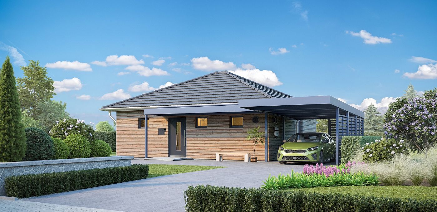 Fertighaus Bungalow eingeschossig mit Walmdach, Holzfassade, Carport, Einfahrt und Garten