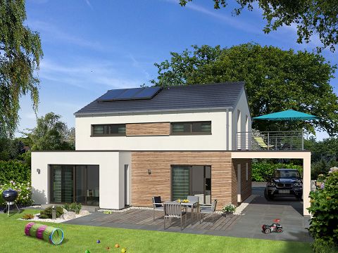 Modernes Einfamilienhaus mit Carport und Balkon - Gartenansicht