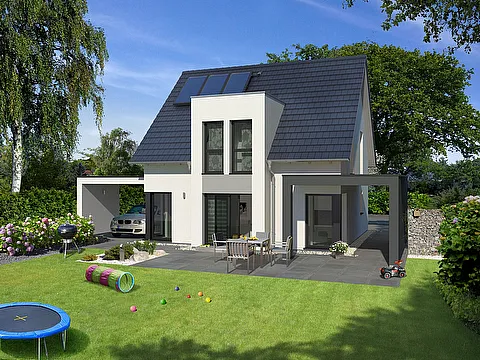 Einfamilienhaus mit zwei Flachdach Erkern - Gartenansicht