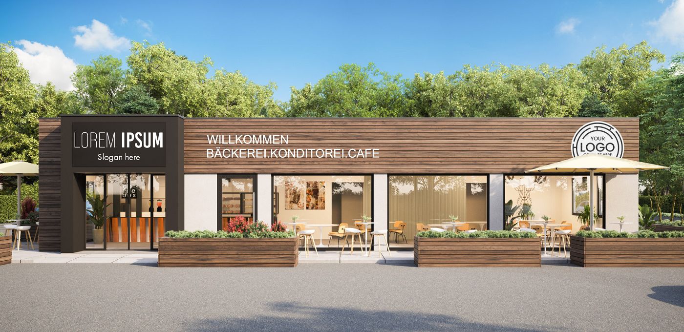 Fertighaus Gewerbebau Bakery Cube Bäckerei mit Holzfassade, großen Glasfronten und Außenterrasse mit Sitzplätzen