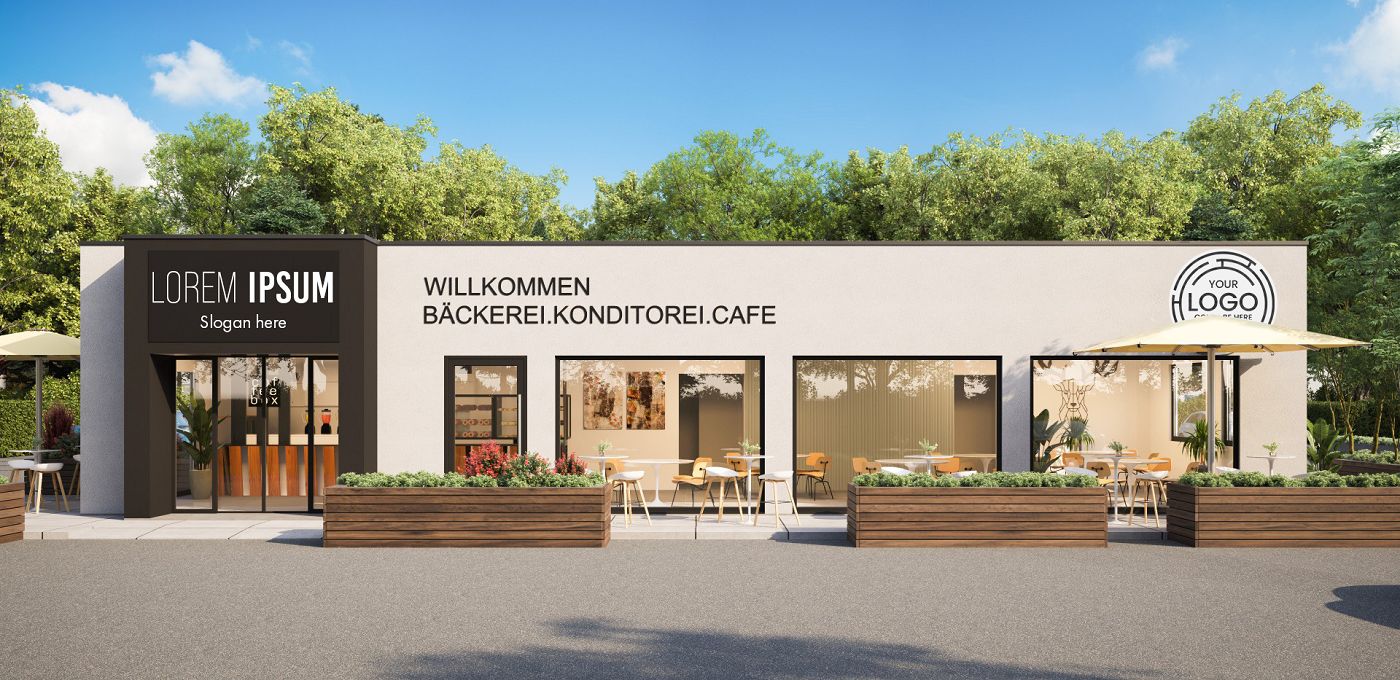 Fertighaus Gewerbebau Bakery Cube Bäckerei mit Putzfassade, großen Glasfronten und Außenterrasse mit Sitzplätzen