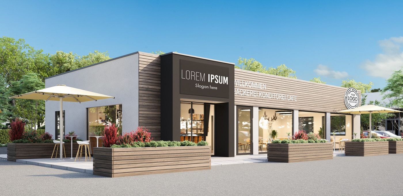 Fertighaus Gewerbebau Bakery Cube Bäckerei mit Holzfassade, Eingangsportal und Außenterrasse mit Sitzplätzen
