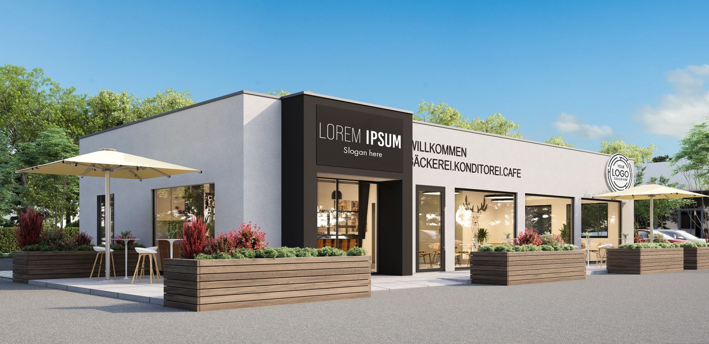 Fertighaus Gewerbebau Bakery Cube Bäckerei mit Putzfassade, Eingangsportal und Außenterrasse mit Sitzplätzen
