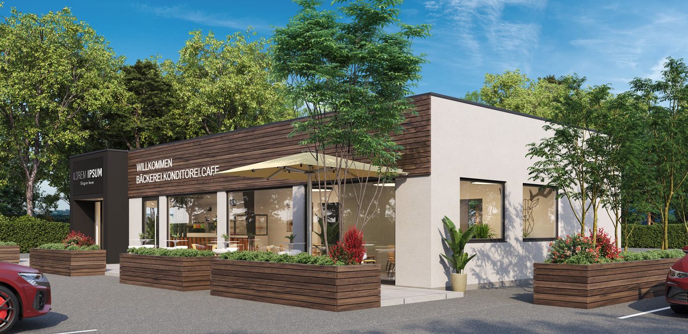 Fertighaus Gewerbebau Bakery Cube Bäckerei mit Holzfassade, großen Glasflächen und Außenterrasse im begrünten Umfeld