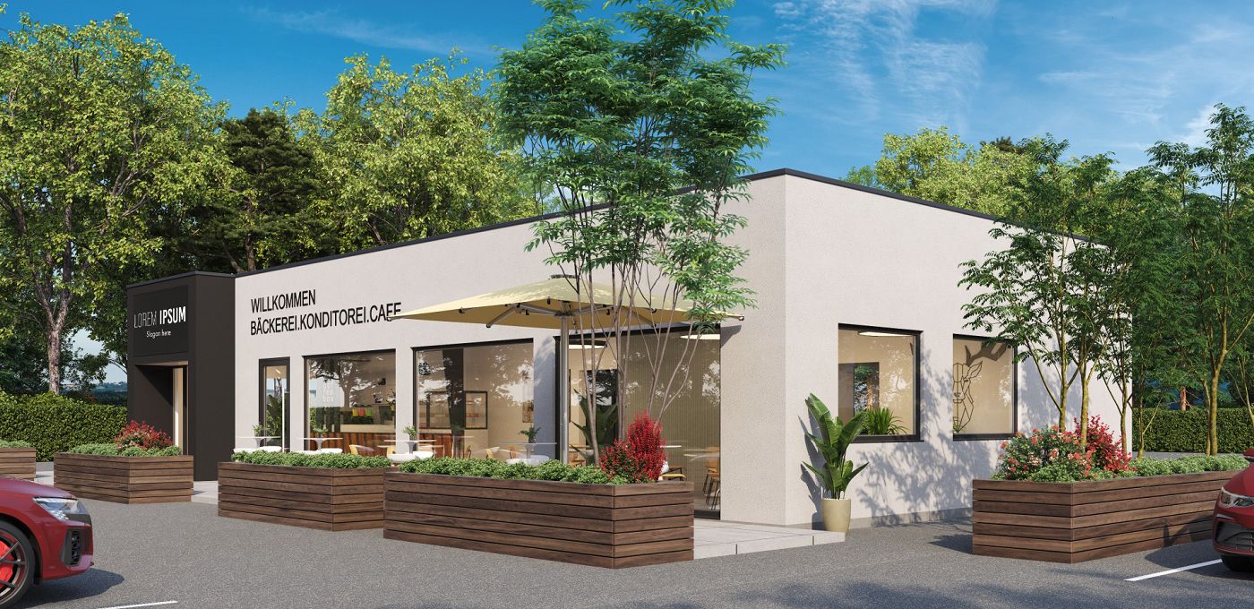 Fertighaus Gewerbebau Bakery Cube Bäckerei mit Putzfassade, großen Glasflächen und Außenterrasse im begrünten Umfeld