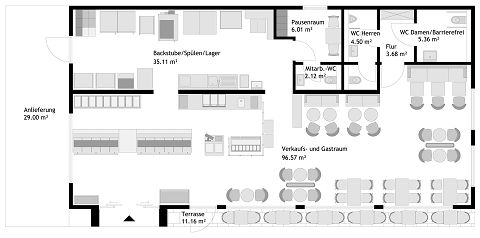 STREIF Grundriss Bäckerei mit Backstube, Verkaufs- und Gastraum, Sanitärbereich, Terrasse und Anlieferung
