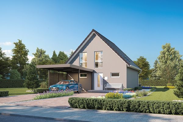 Fertighaus Einfamilienhaus mit Satteldach, Carport und gepflegter Gartenanlage in sonniger Außenansicht